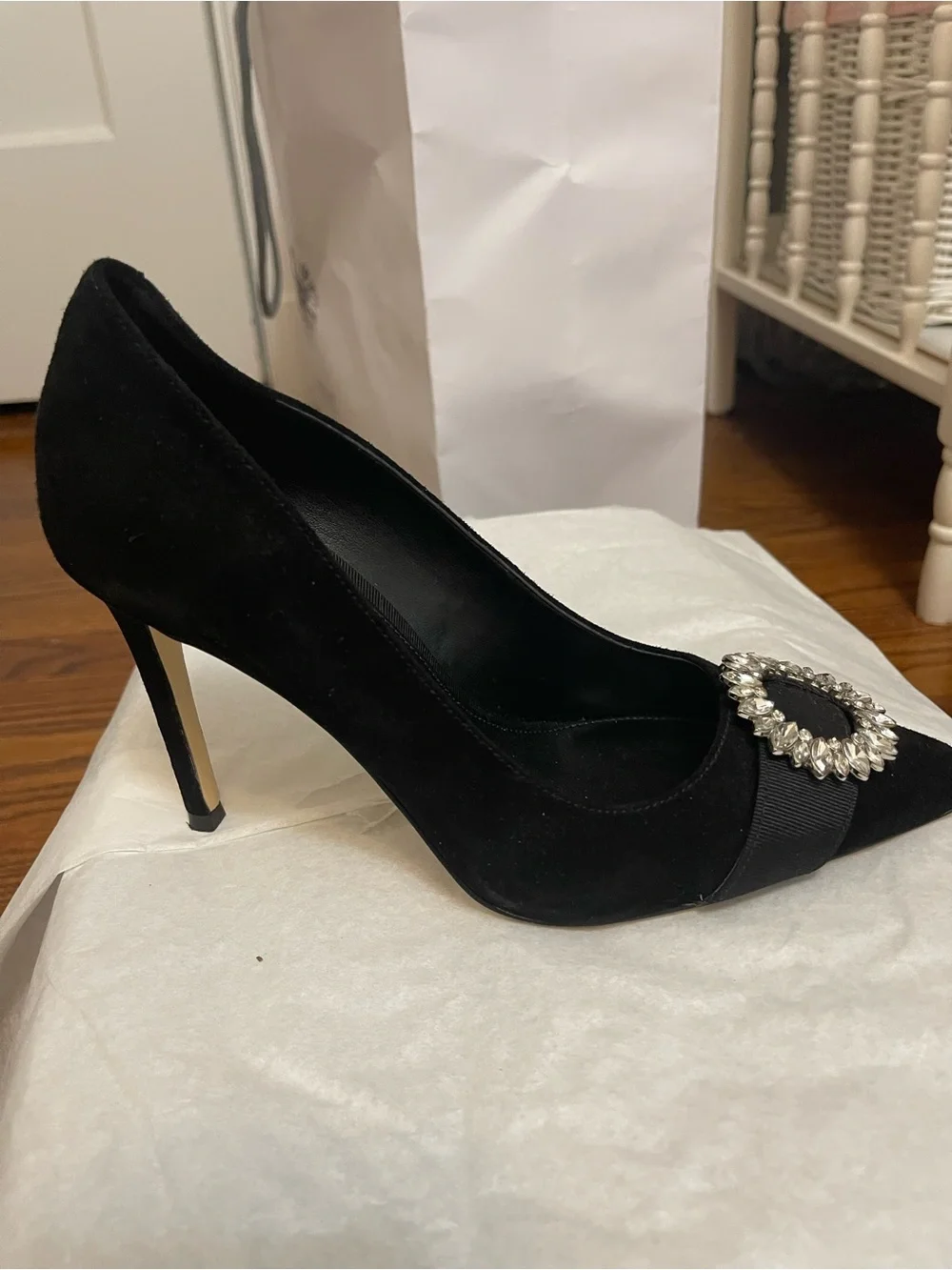 Michael Kors Black Suede Pointed-Toe Pumps with Crystal Rosette